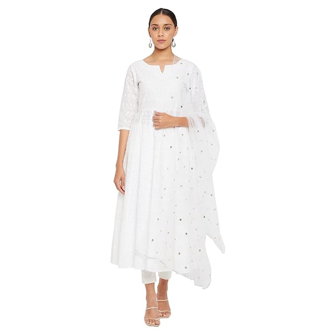 Women White Anarkali with Trouser and Dupatta