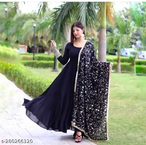 Stylish Black Embrodiery Work Gown Dupatta Set