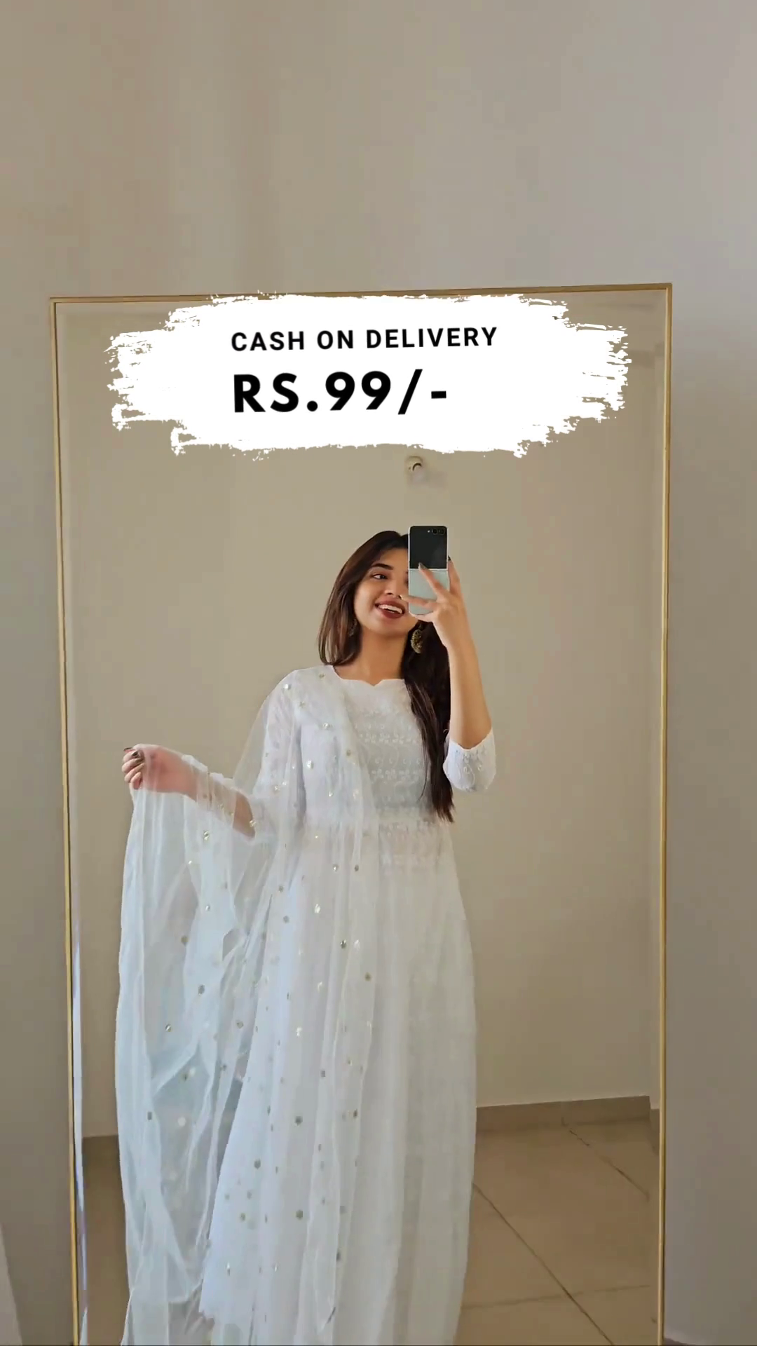 Women White Anarkali with Trouser and Dupatta