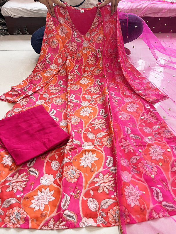 Pink Orange Muslin Floral Alia Cut Printed Suit Set