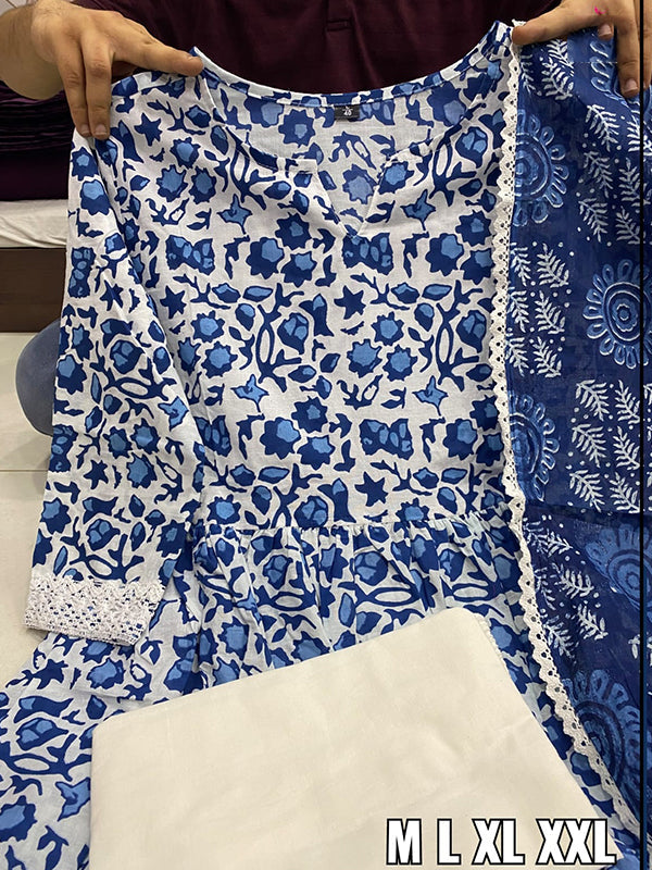 Blue Cotton Printed Kurti With Pant & Dupatta Set