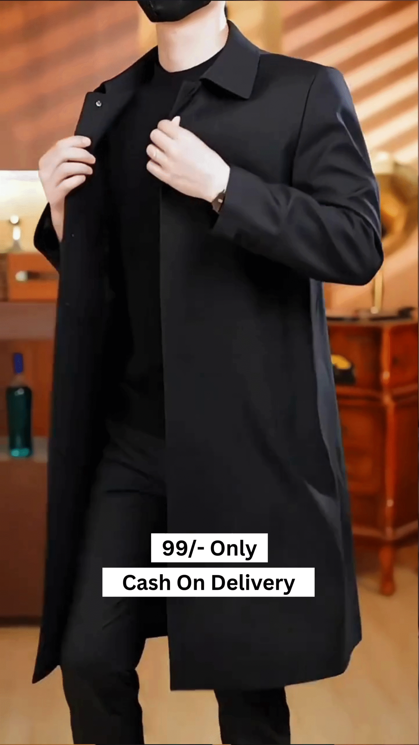 Men's Casual Trench Coat Slim Fit Notched Collar Long Jacket Overcoat Single Breasted Pea Coat wih Pockets