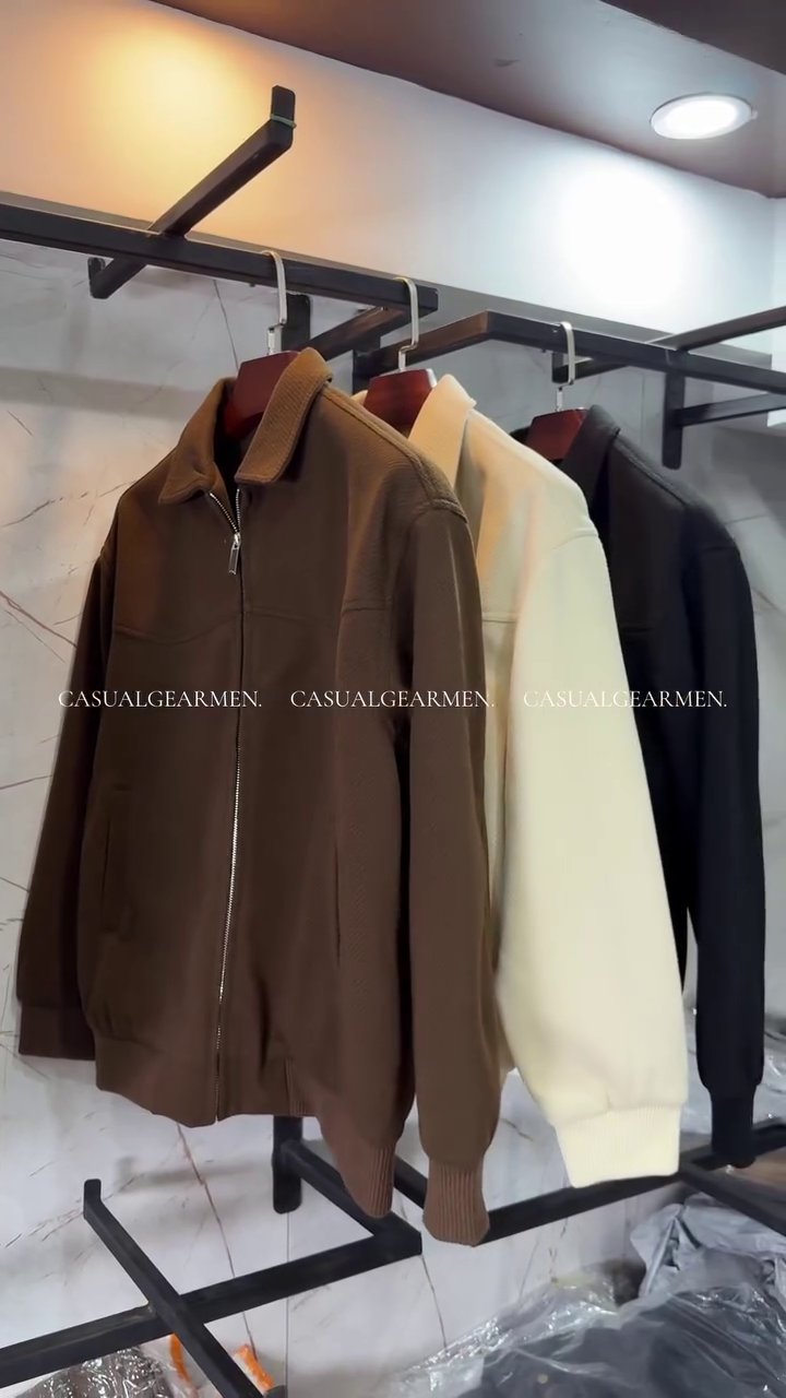 Men's Cream Textured Bomber Jacket - Classic Collared Zip-Up