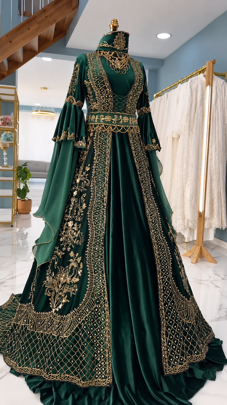 Emerald Green Royal Embroidered Indo-Western Gown