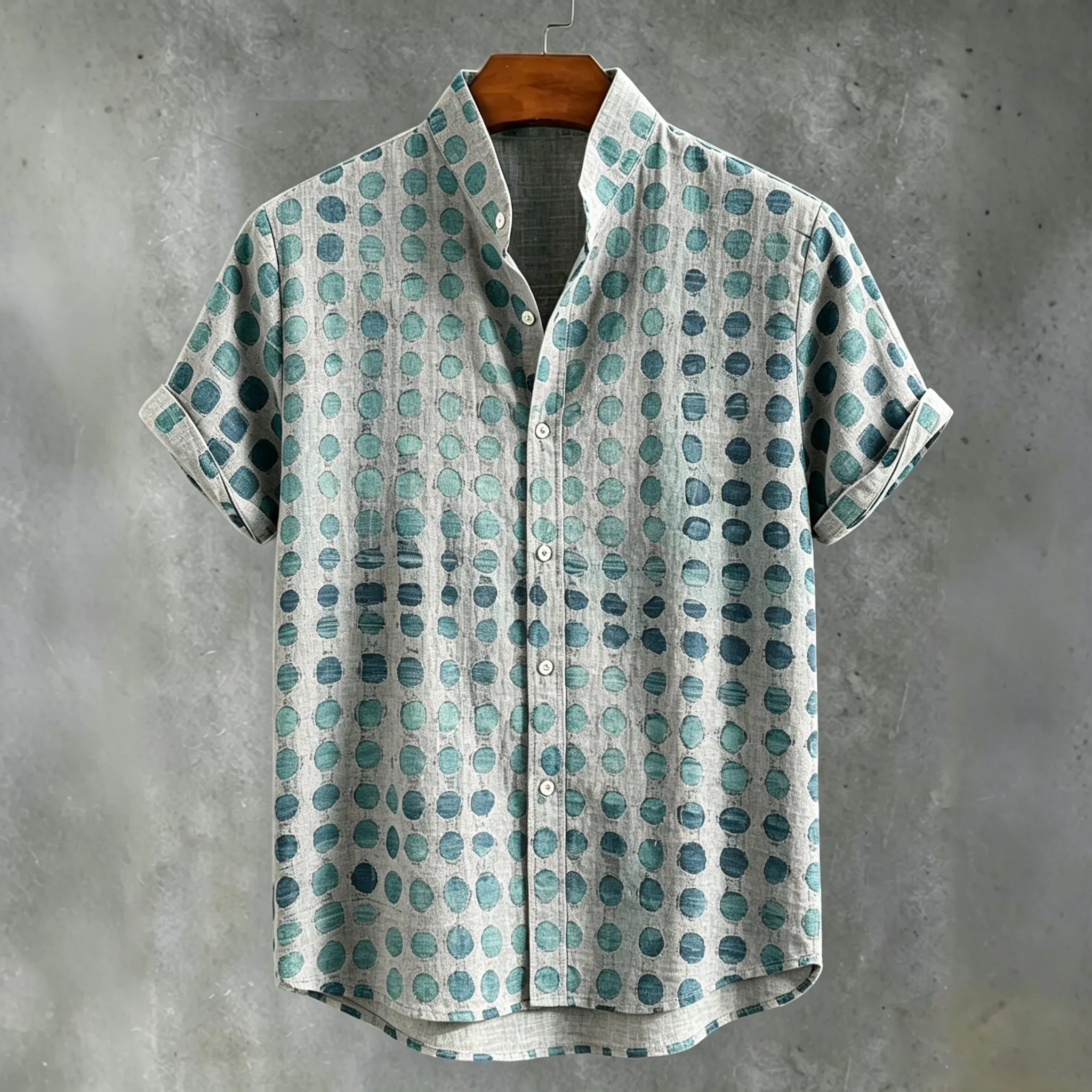 Abstract 70s Hippie Gradient Teal‑blue Distressed Oval‑dot Art Print Men's Short Sleeve Button Up Shirt
