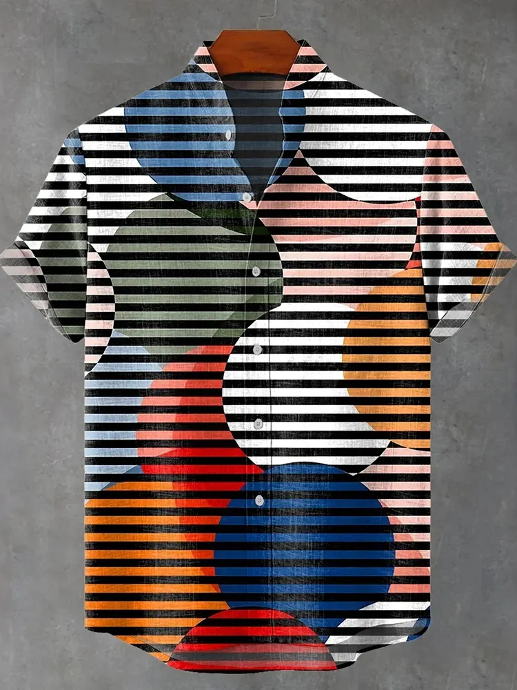 Abstract Geometric Geometry Roundness Streak Color Match Illusion Art Print Men's Short Sleeve Button Up Shirt
