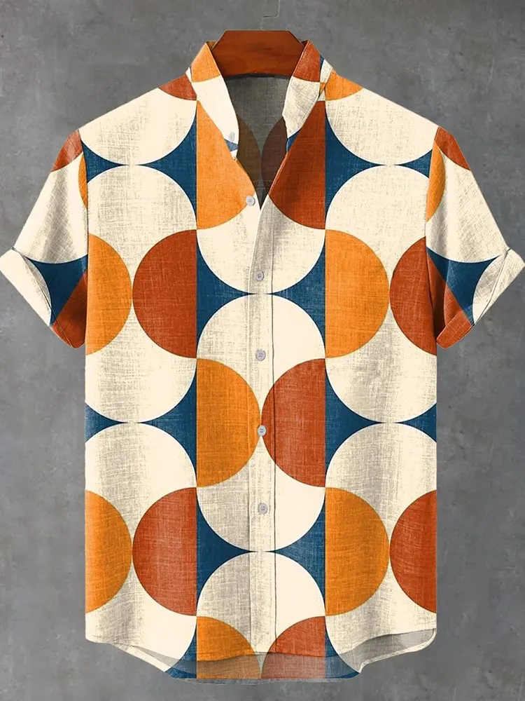 Abstract Geometricretro Minimalist Color-block Symmetrical Geometry Art Painting  Art Print Men's Short Sleeve Button Up Shirt
