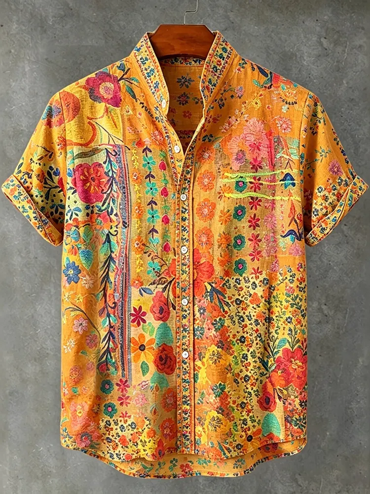 Abstract Hippie Colorful Bohemian Floral  Art Print Men's Short Sleeve Button Up Shirt