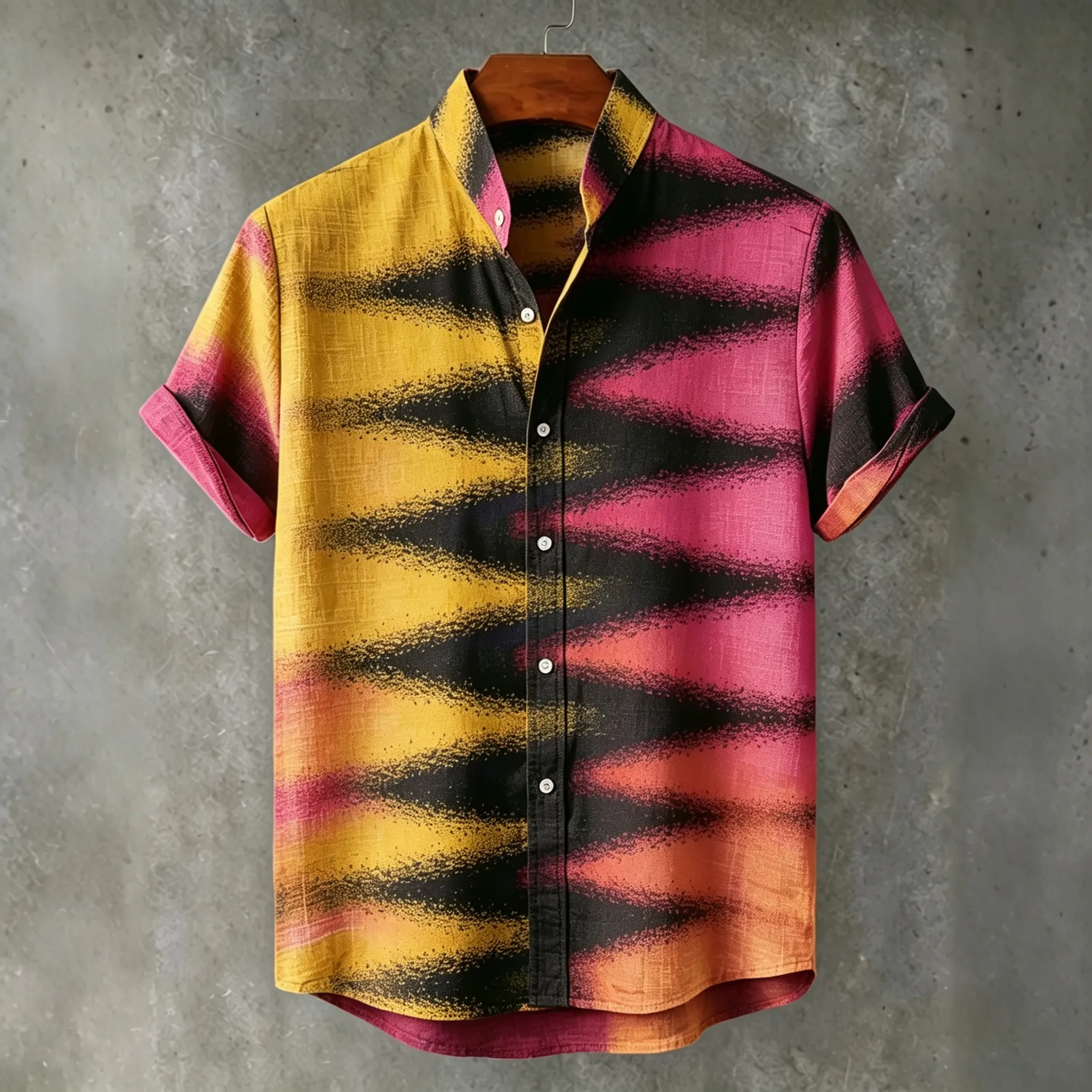Abstract Hippie 70s Retro Radient Smudge Streak Sunset Tone Gradient Brushstroke Print Men's Short Sleeve Button Up Shirt