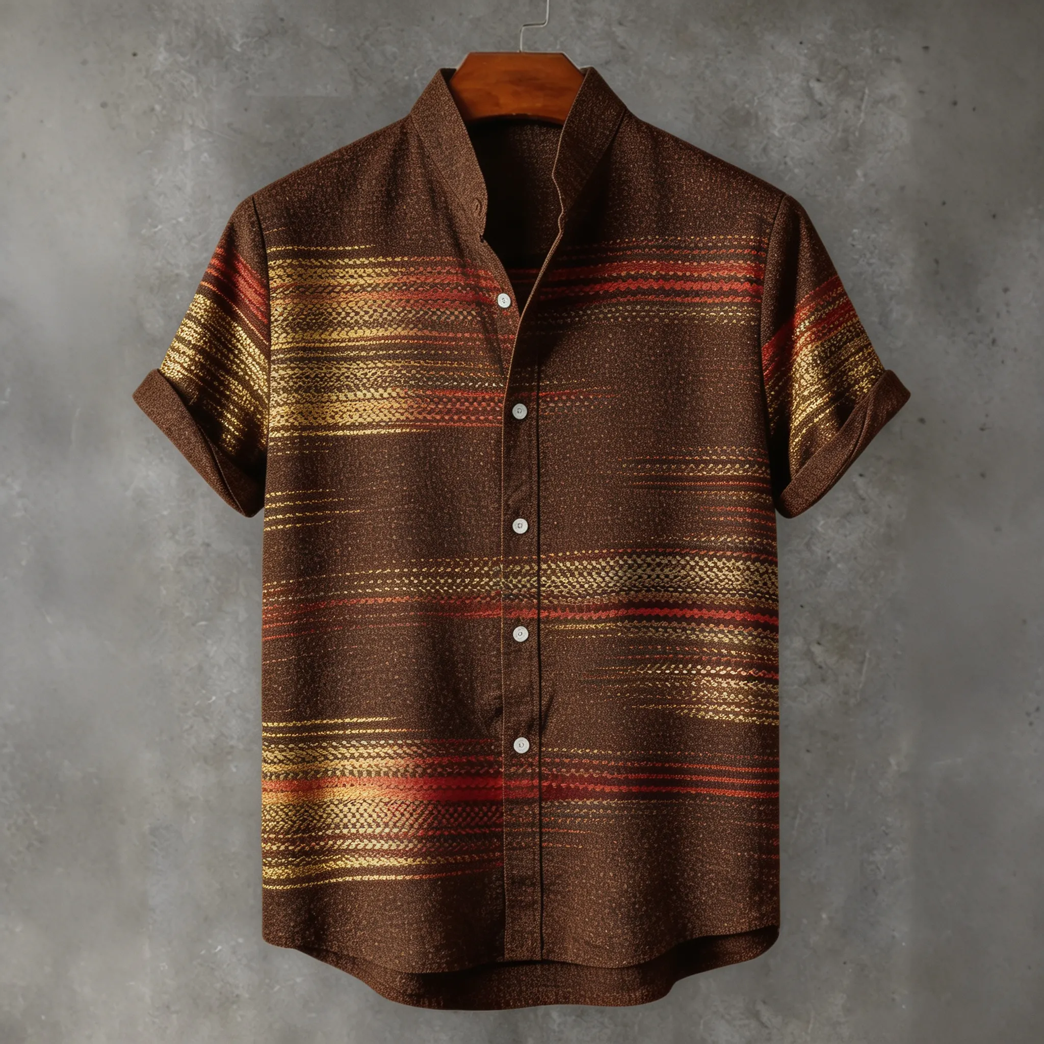 Abstract Retro Metallic Textured Streak Western Gold Rust Stripe Art Print Men's Short Sleeve Button Up Shirt