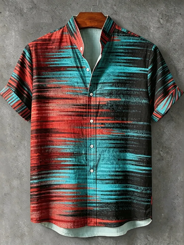 Abstract Vintage Glitch Noise Striped Fault Line Red Teal Gradient Art Print Men's Short Sleeve Button Up Shirt