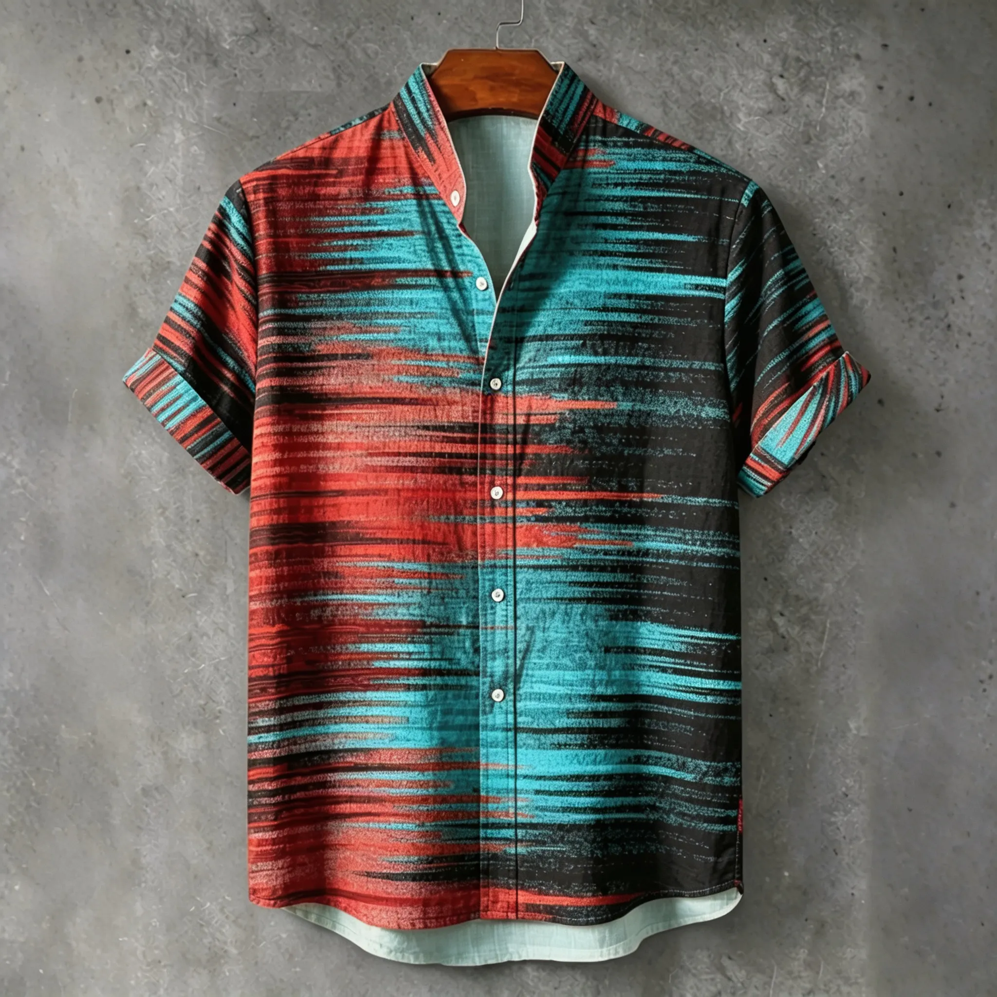 Abstract Vintage Glitch Noise Striped Fault Line Red Teal Gradient Art Print Men's Short Sleeve Button Up Shirt