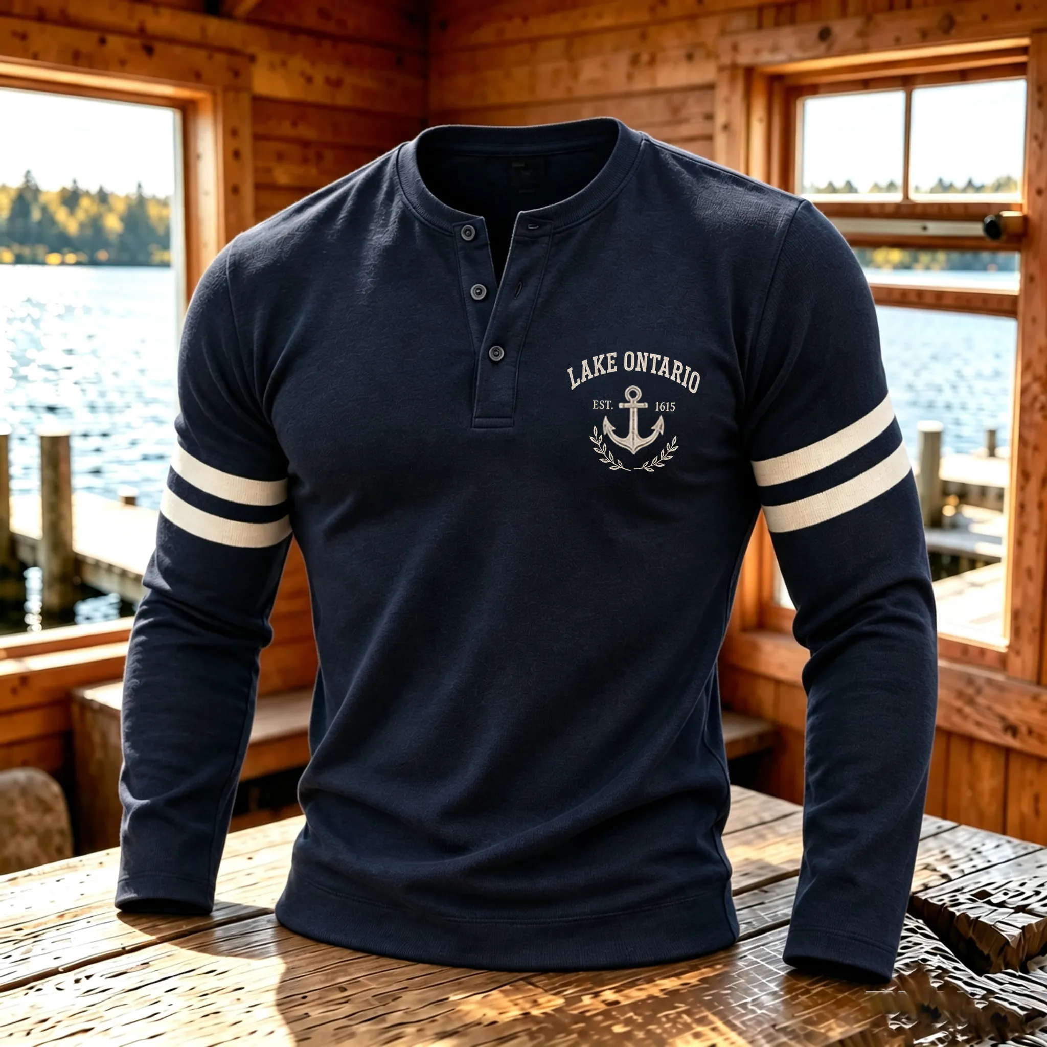 Casual 1615 Lake Ontario Men's Graphic Henley Shirt