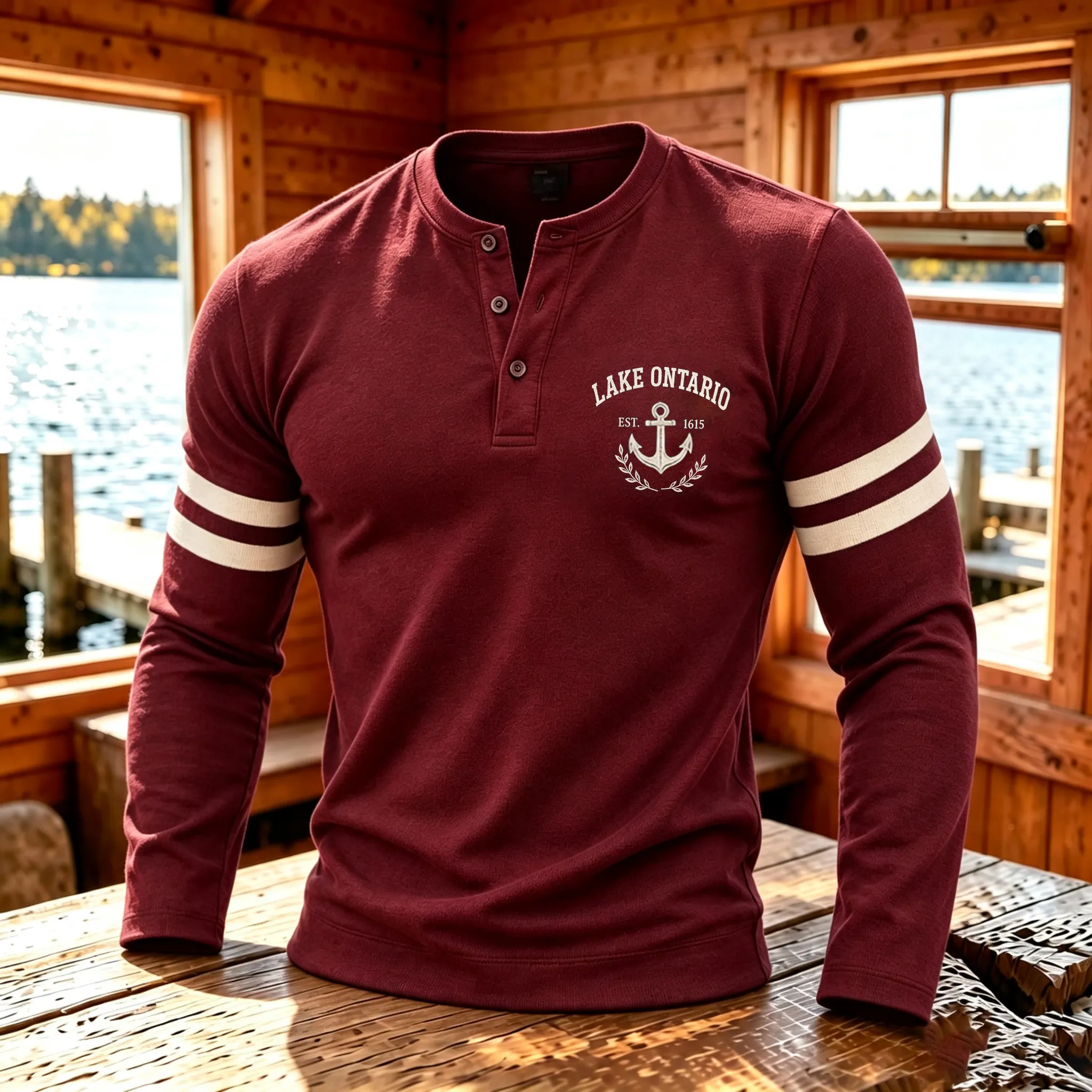 Casual 1615 Lake Ontario Men's Graphic Henley Shirt
