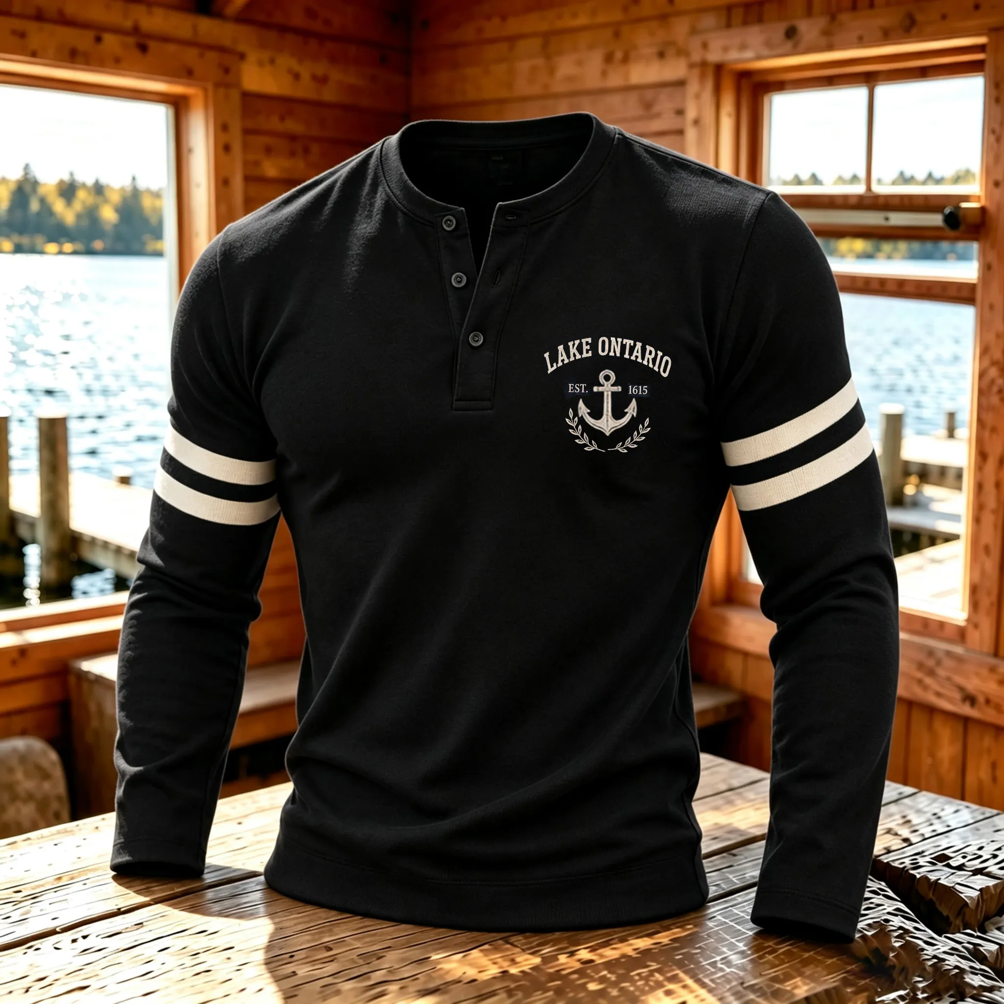 Casual 1615 Lake Ontario Men's Graphic Henley Shirt