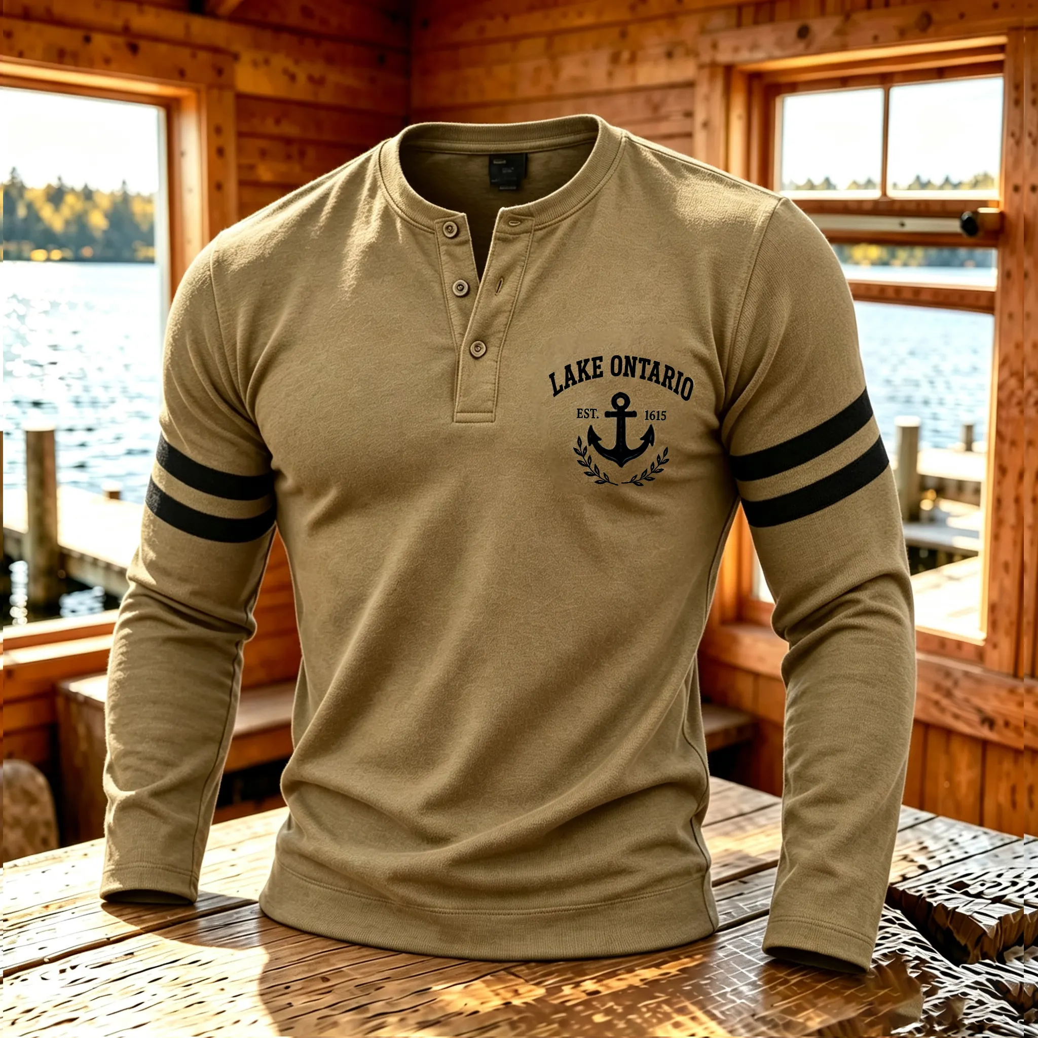 Casual 1615 Lake Ontario Men's Graphic Henley Shirt