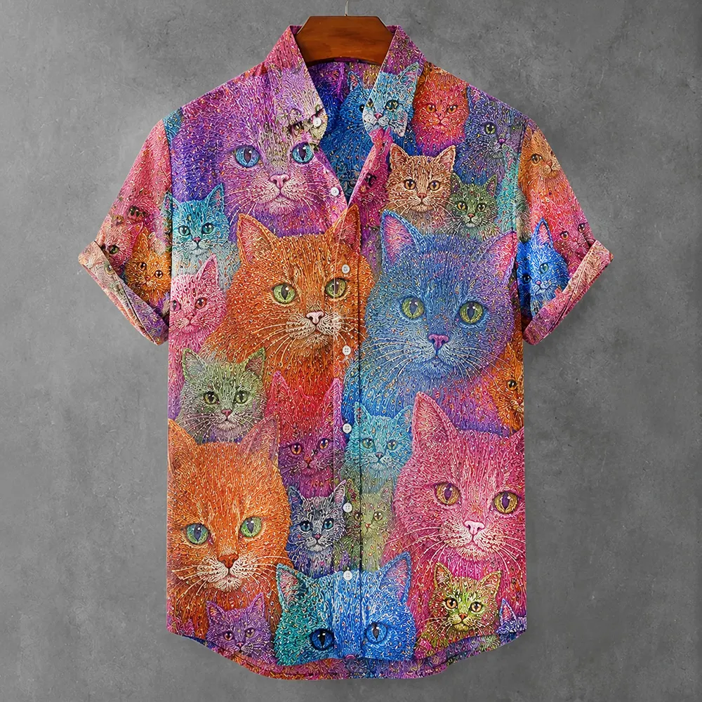 Colorful Cat Head Art And Linen Short-sleeved Shirt
