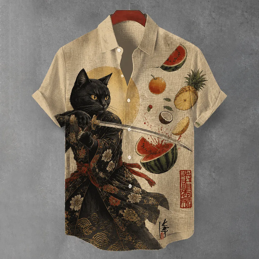 Fruit-cutting Samurai Cat Art Casual Short-sleeved Shirt