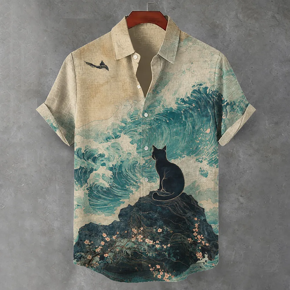 Guanhai Little Black Cat Art Retro And Linen Short-sleeved Shirt