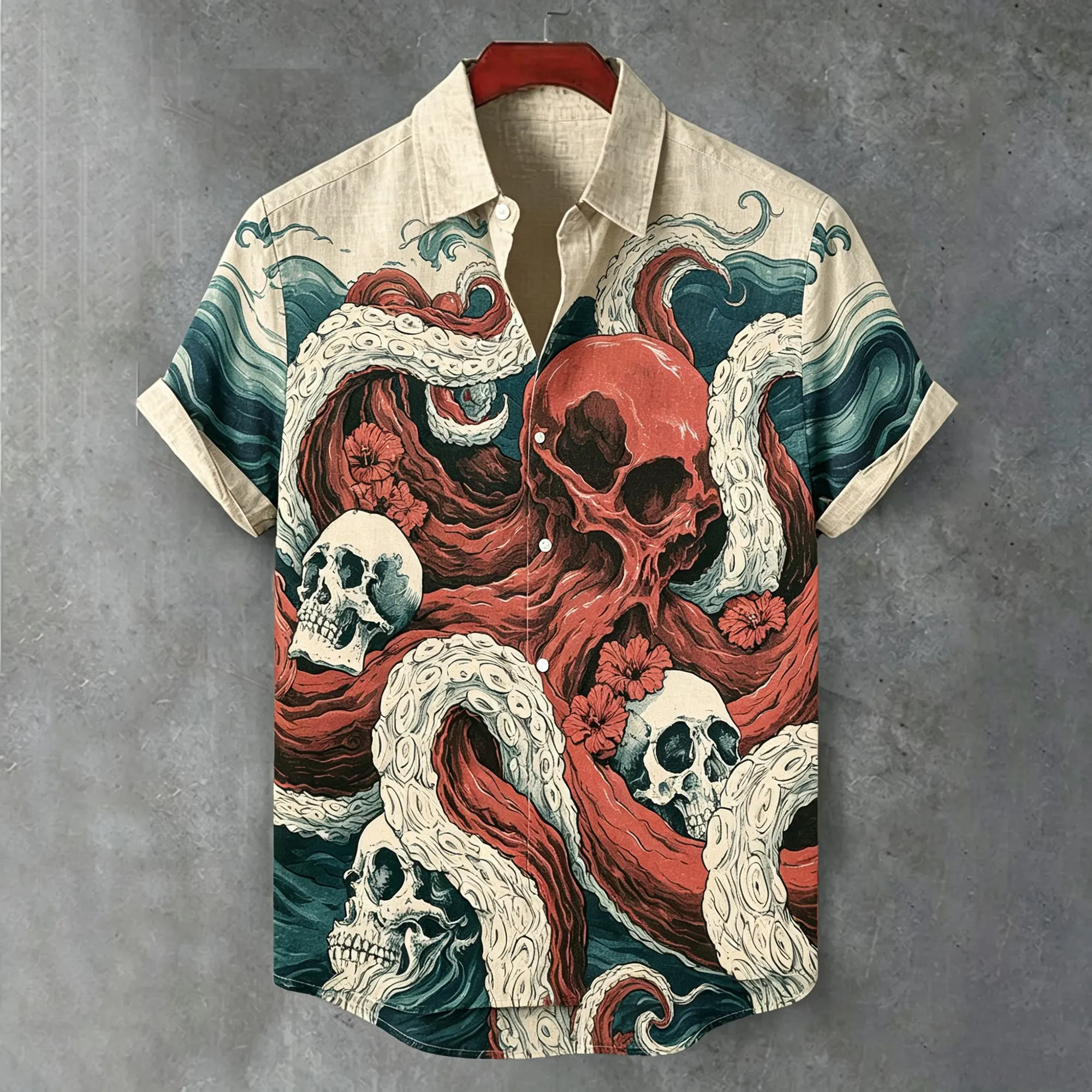 Intage Japanese Style Short-sleeved Button-down Shirt With Wave And Octopus Skull Print