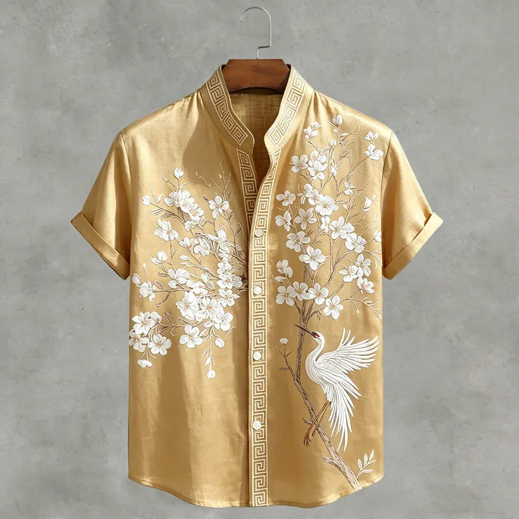 Japanese  Cherry Blossom & Crane Art Linen Blend Shirt