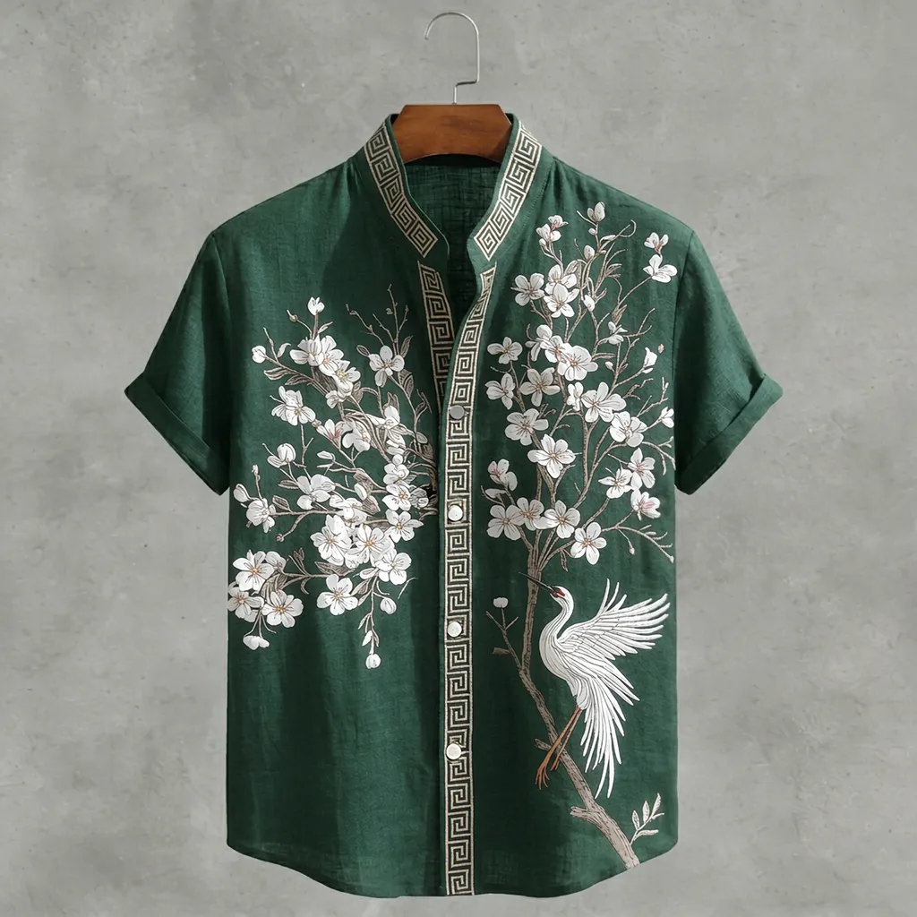 Japanese  Cherry Blossom & Crane Art Linen Blend Shirt