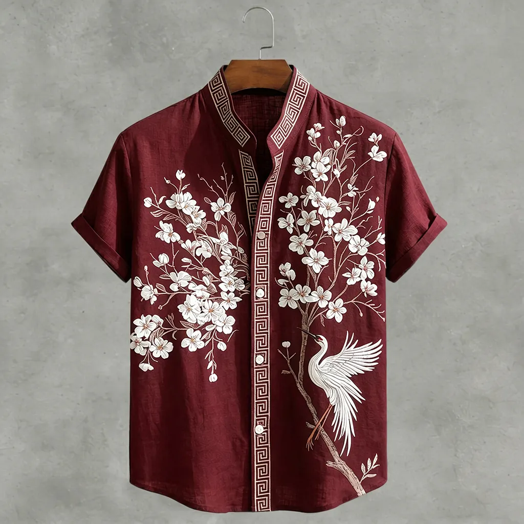 Japanese  Cherry Blossom & Crane Art Linen Blend Shirt