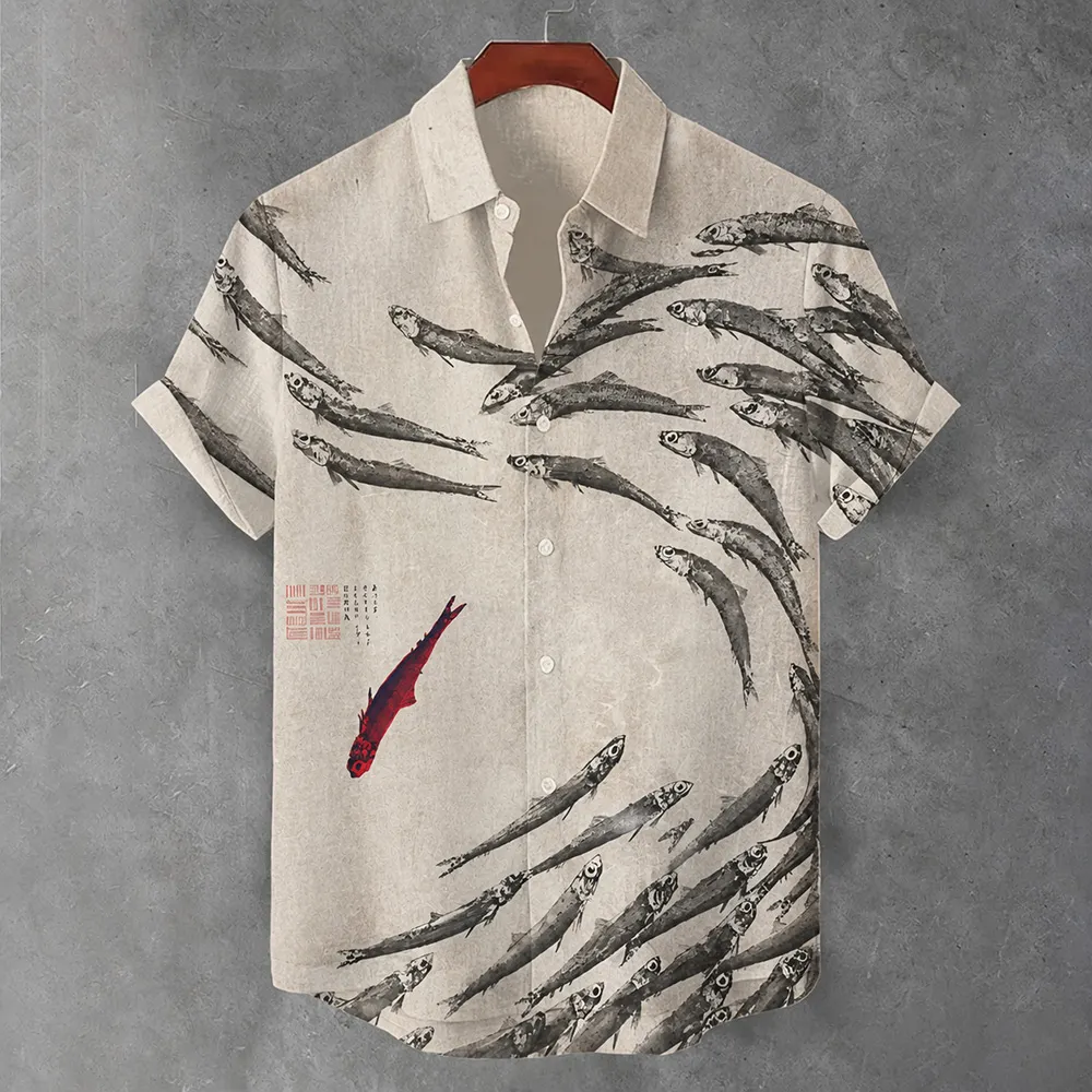Japanese Art Lonely Fish Print Art Short-sleeved Shirt