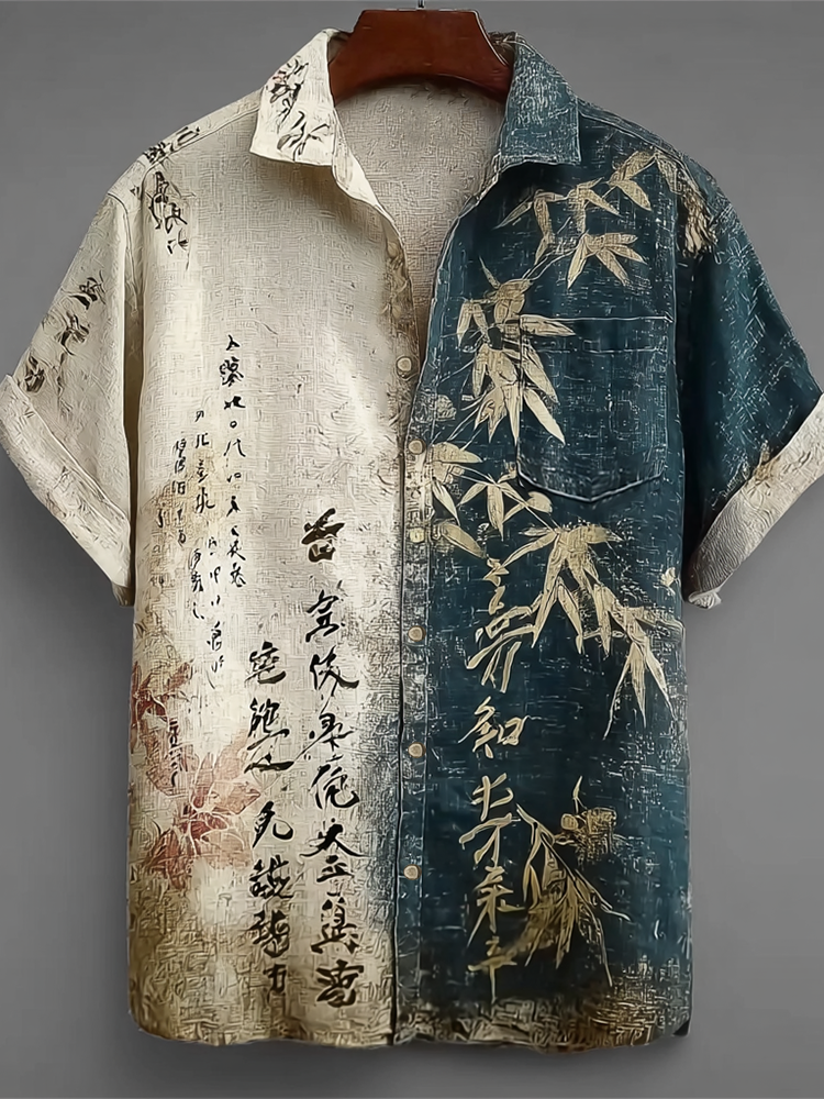 Japanese Art Retro Line Art Linen Casual Short-sleeve Shirt