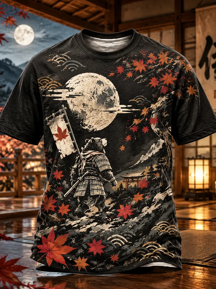 Men's Samurai Bear, Full Moon And Maple Leaves Pattern Short-sleeve T-shirt