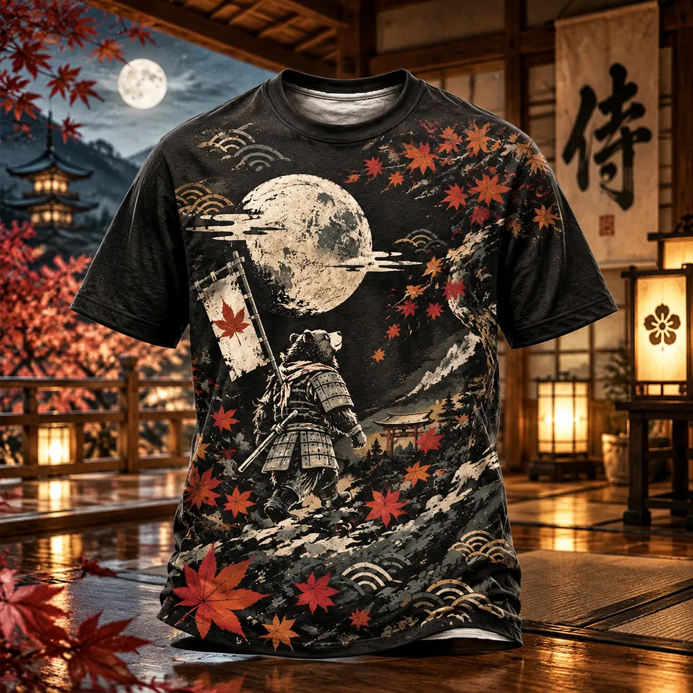 Men's Samurai Bear, Full Moon And Maple Leaves Pattern Short-sleeve T-shirt