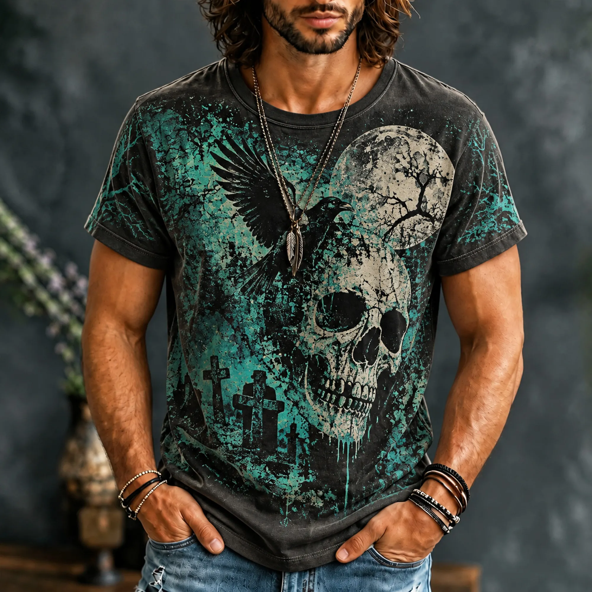 Men's Vintage Washed Gothic Skull Crow Graveyard Graphic T-shirt