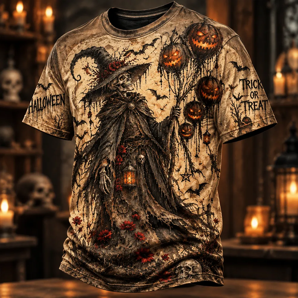 Men's Trick Or Treat Halloween Pumpkin Witch & Skull Pattern Short-sleeve T-shirt