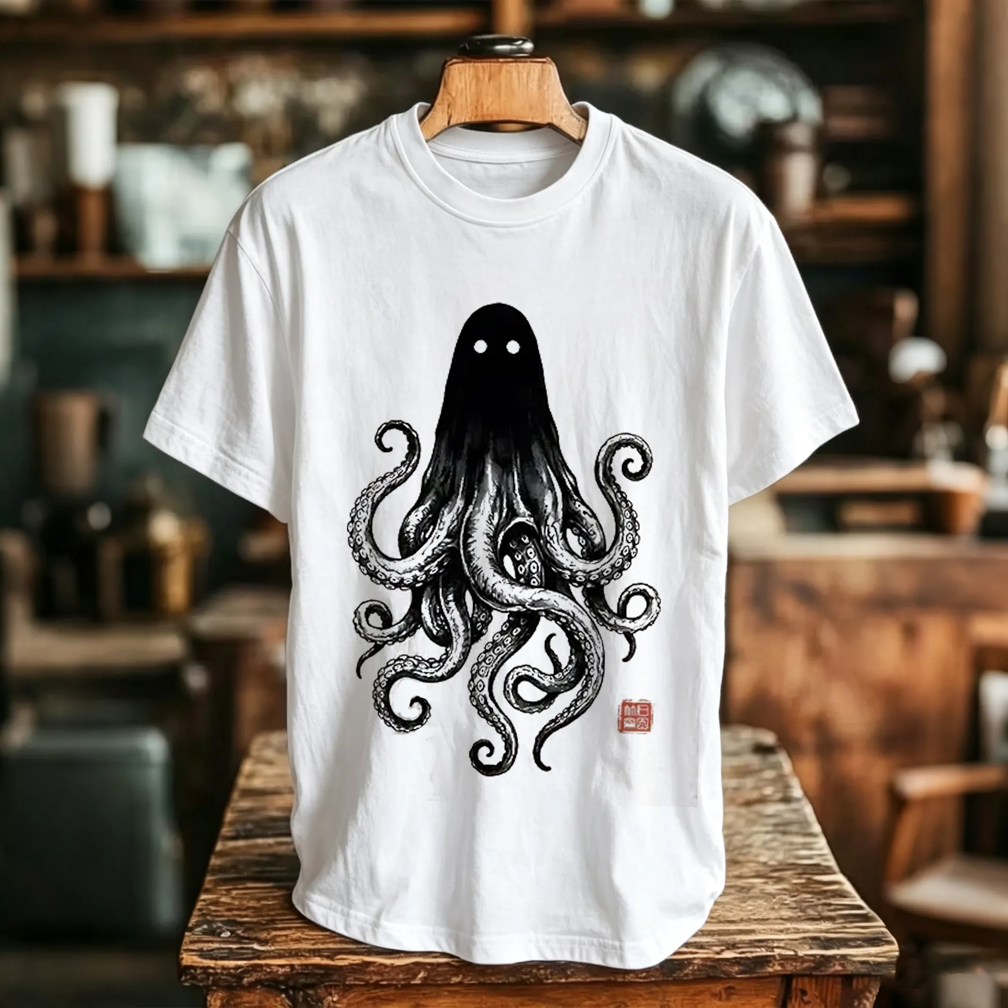 Men's Retro Spooky Ghost Octopus Print Short Sleeve T-shirt