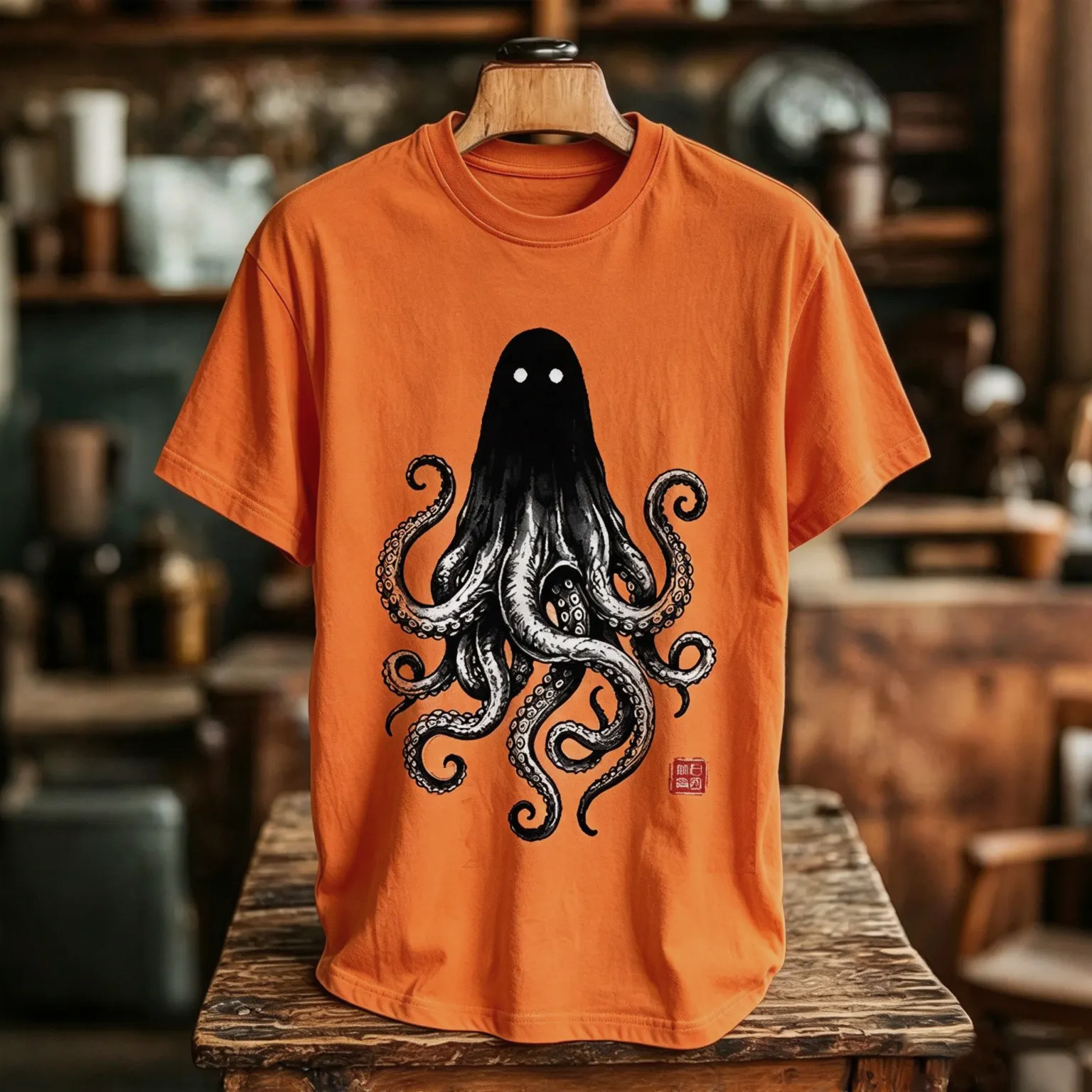 Men's Retro Spooky Ghost Octopus Print Short Sleeve T-shirt