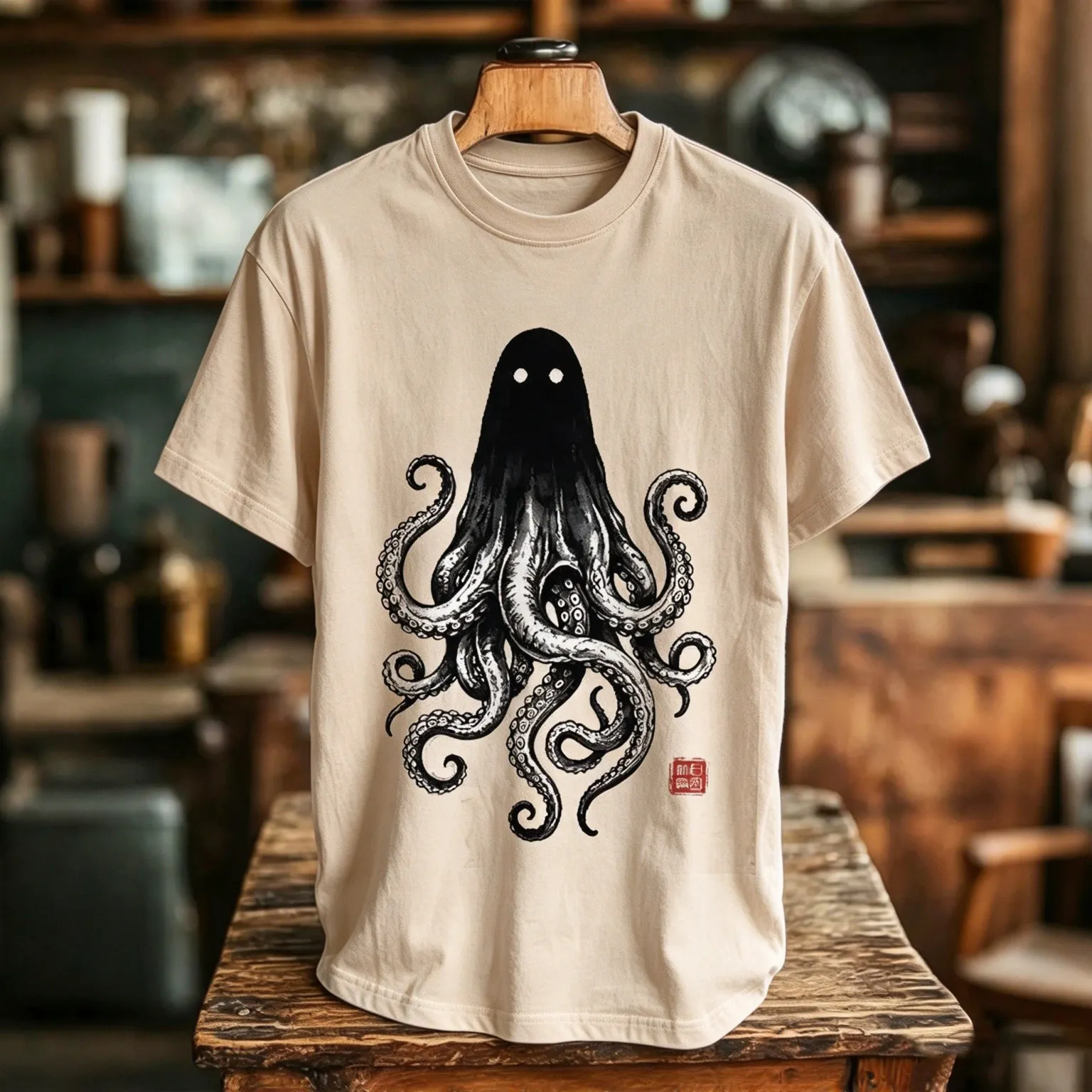 Men's Retro Spooky Ghost Octopus Print Short Sleeve T-shirt