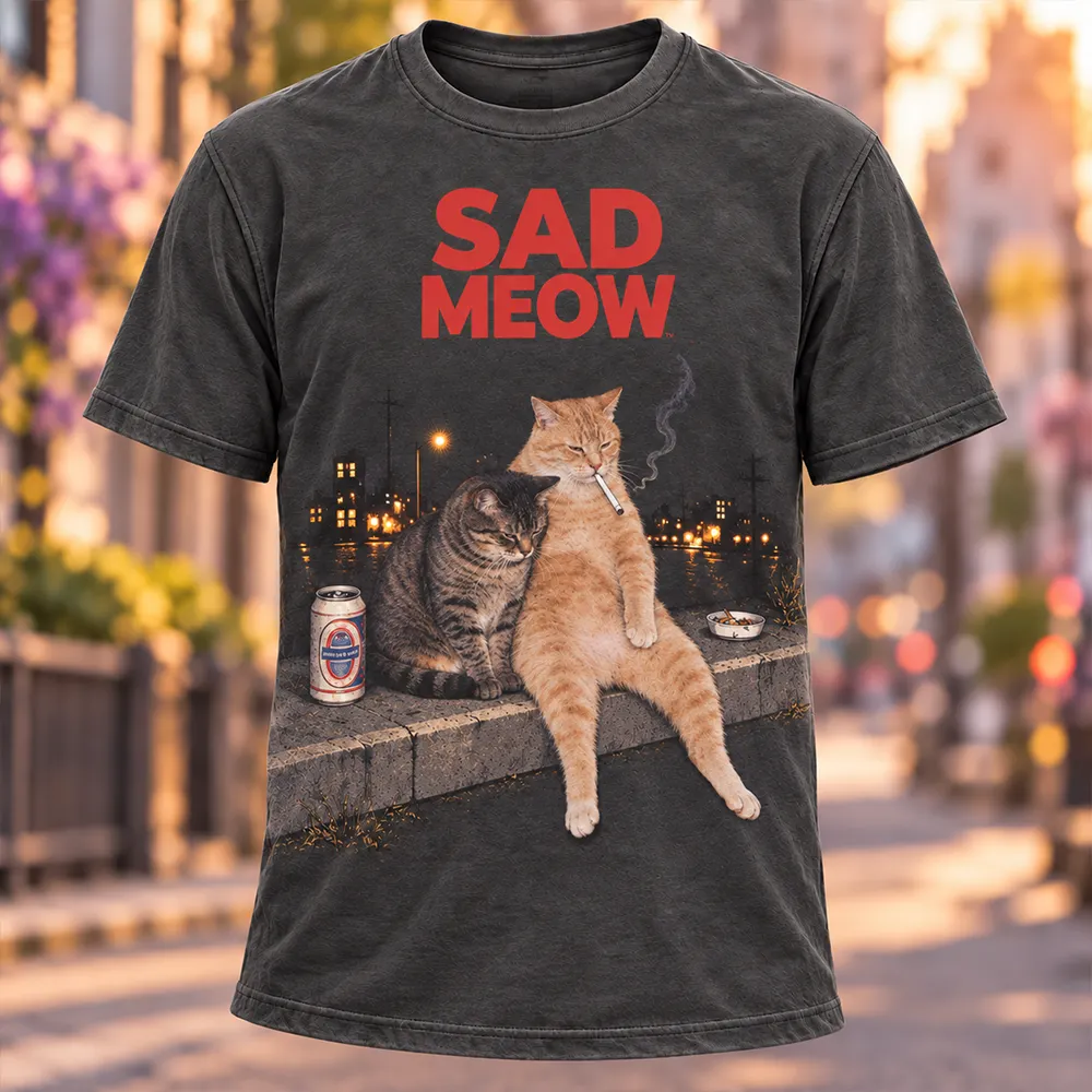 Men's Dark Grey "sad Meow" Vintage Graphic Print Casual T-shirt