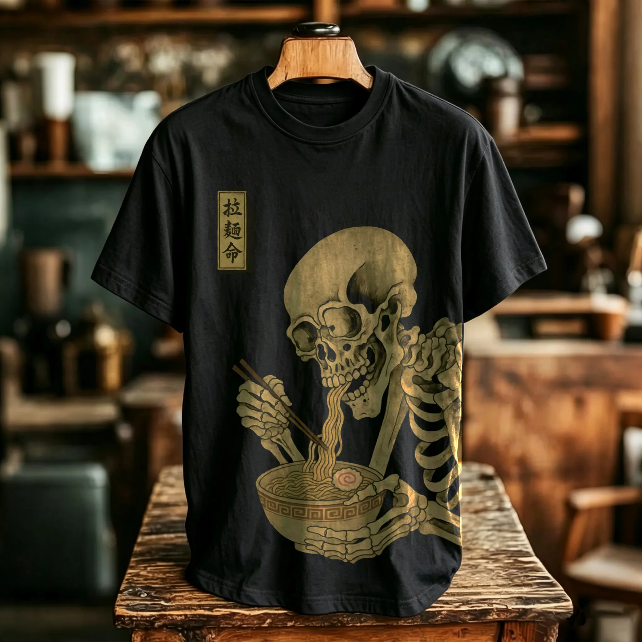 Men's Retro Halloween Ramen Skull Print Short Sleeve T-shirt