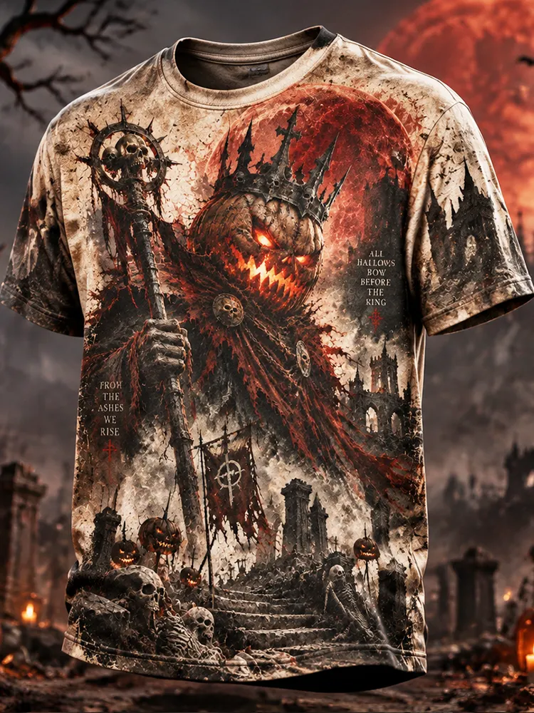 Men's Pumpkin King, Castle & Graveyard Graphic Crewneck T-shirt