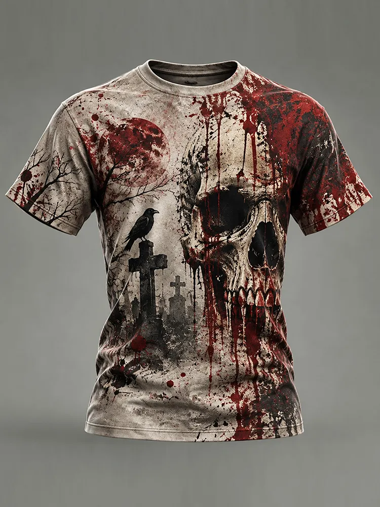 Men's Vintage Gothic Bloody Skull And Raven Print T-shirt