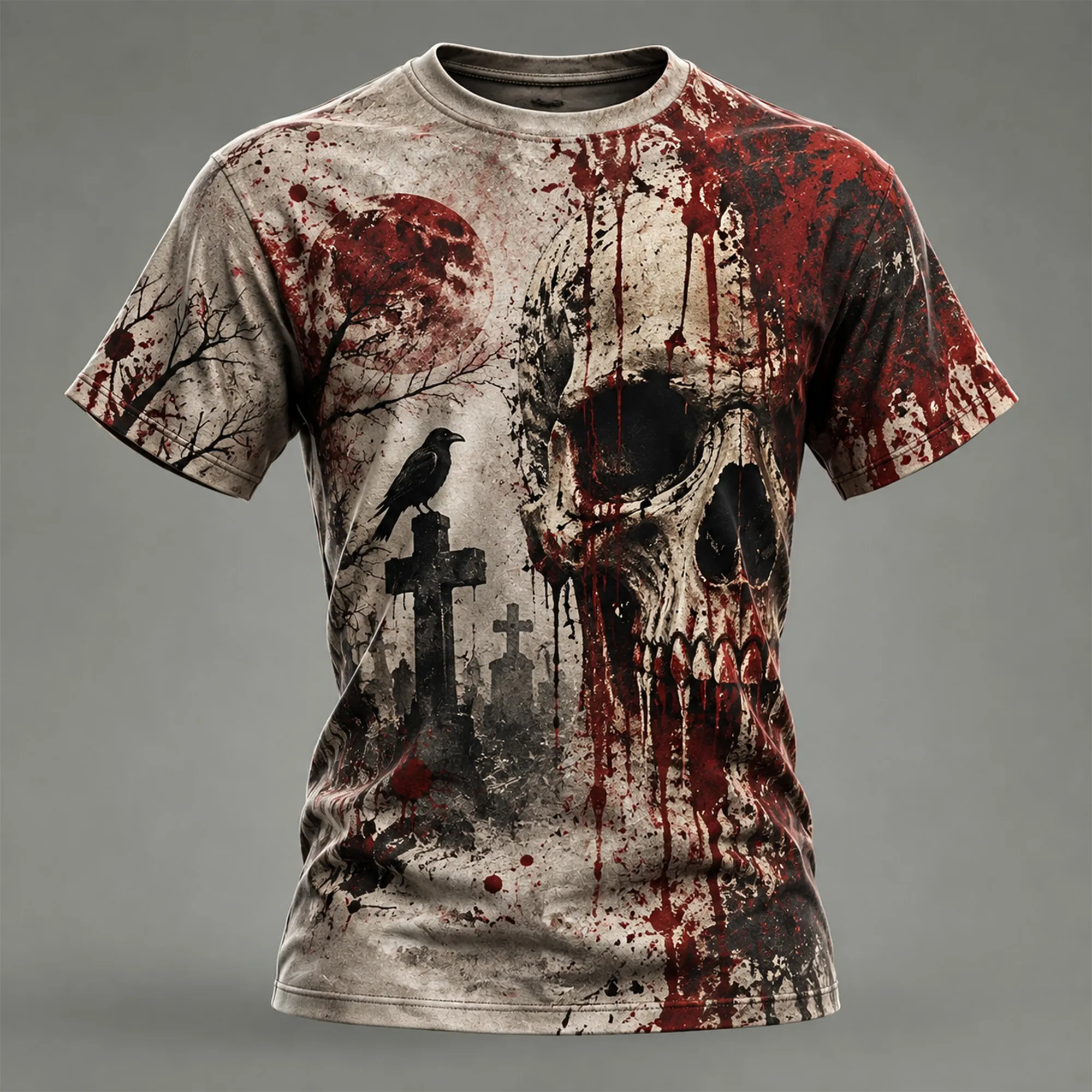 Men's Vintage Gothic Bloody Skull And Raven Print T-shirt