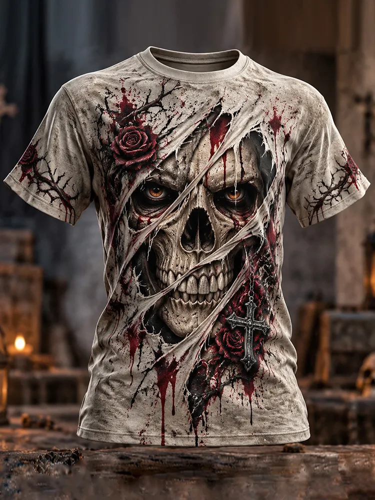 Men's Vintage Gothic Halloween "bursting-through" Rose And Skull Print T-shirt