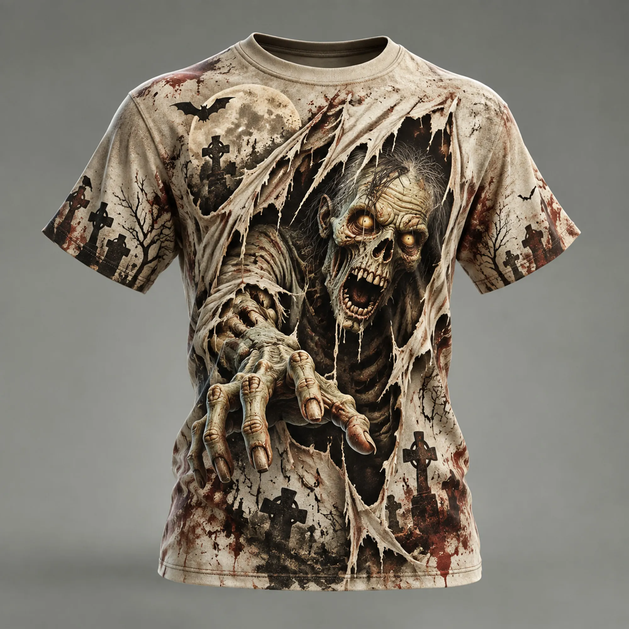 Men's Vintage Halloween Distressed Ripped Print And Zombie Graphic T-shirt
