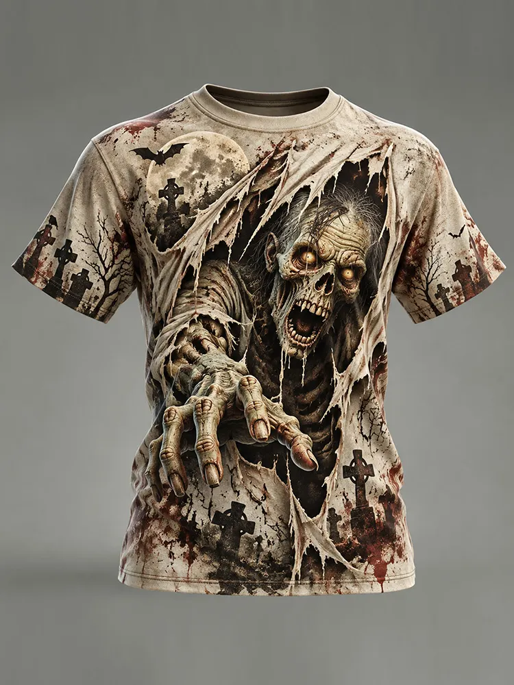 Men's Vintage Halloween Distressed Ripped Print And Zombie Graphic T-shirt