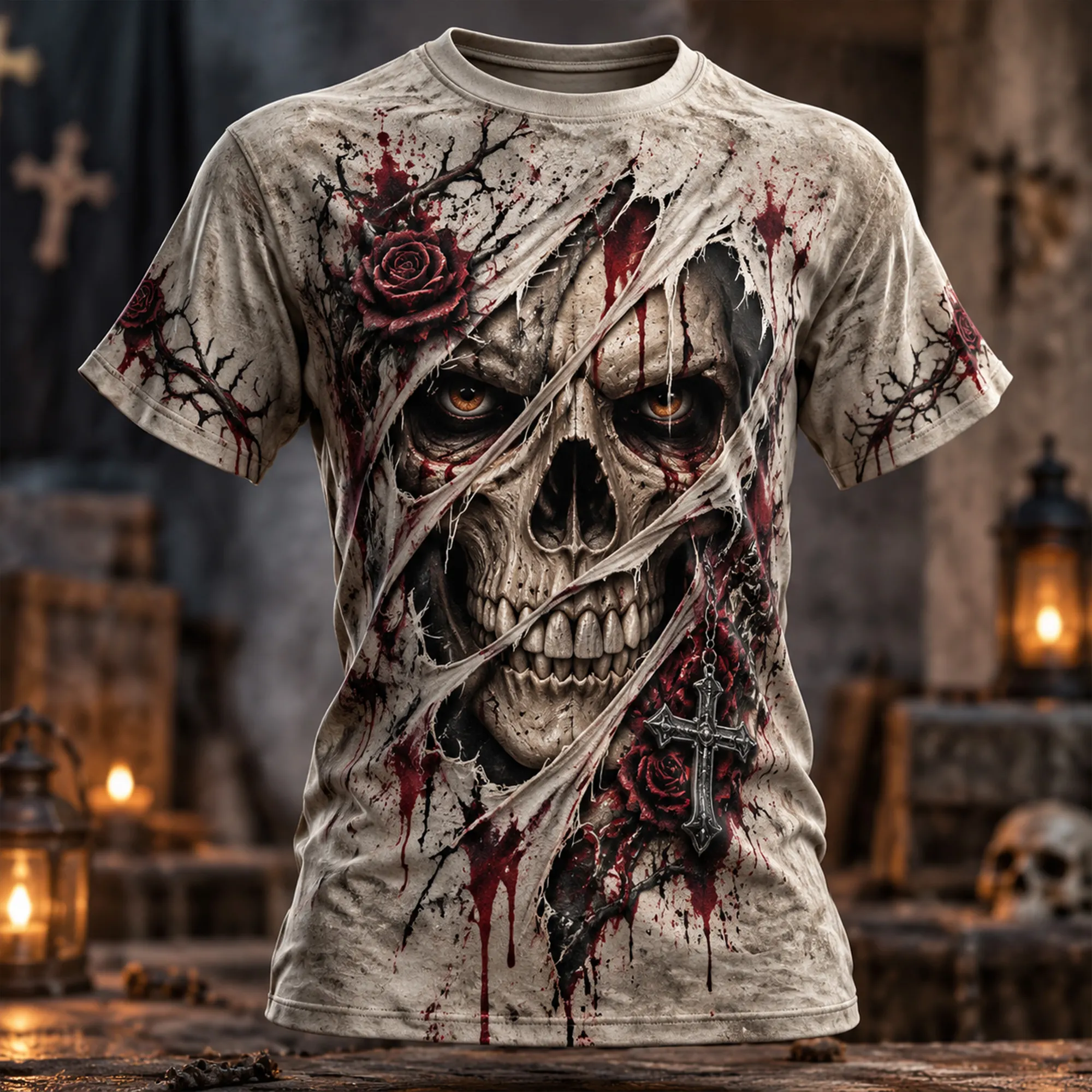 Men's Vintage Gothic Halloween "bursting-through" Rose And Skull Print T-shirt