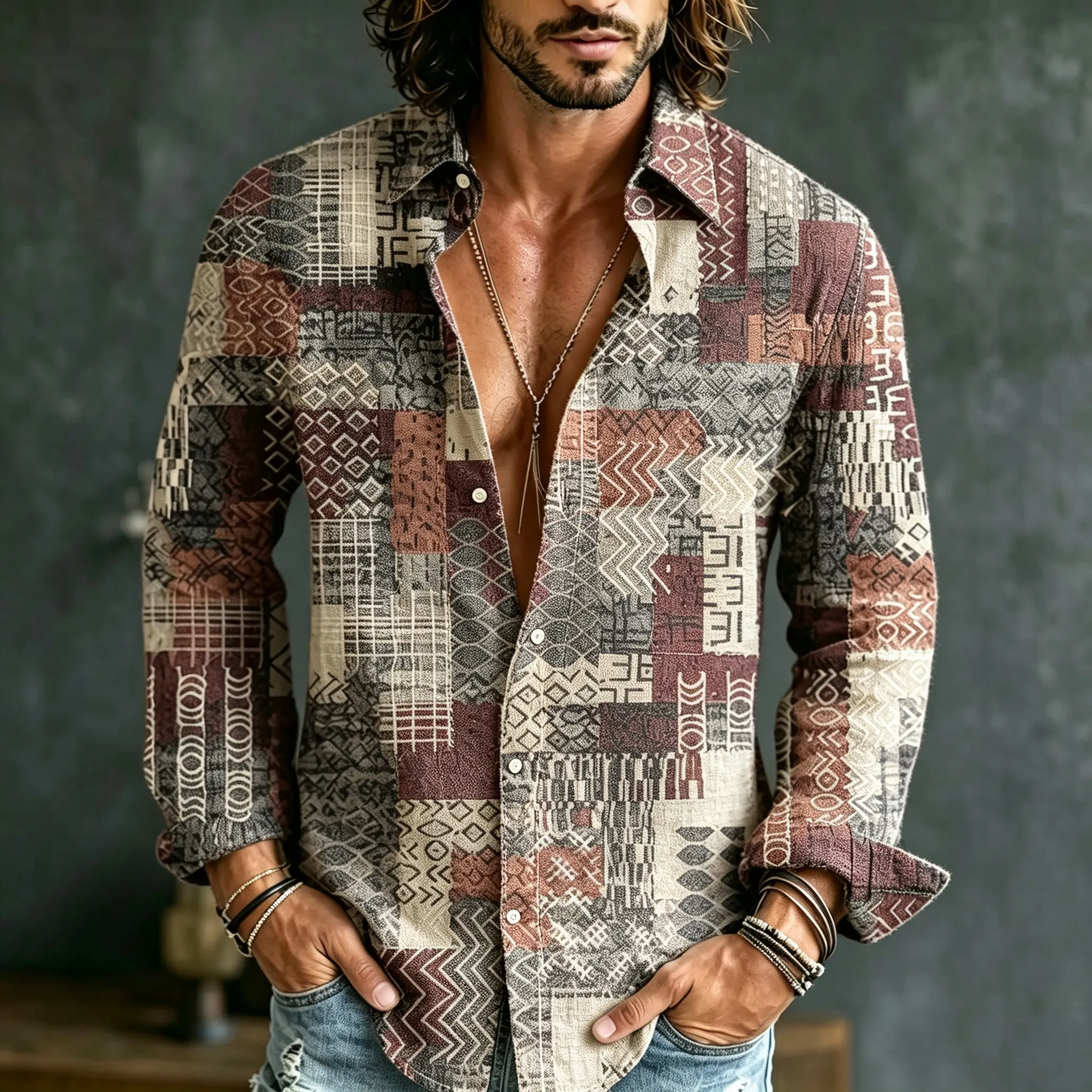 Men's Retro Geometric Print Shirt