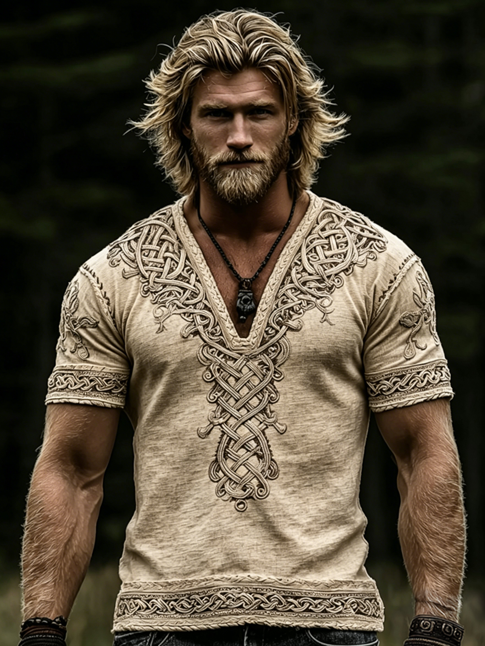 Men's Vintage Viking Celtic Knot Art Linen V-neck T-shirt