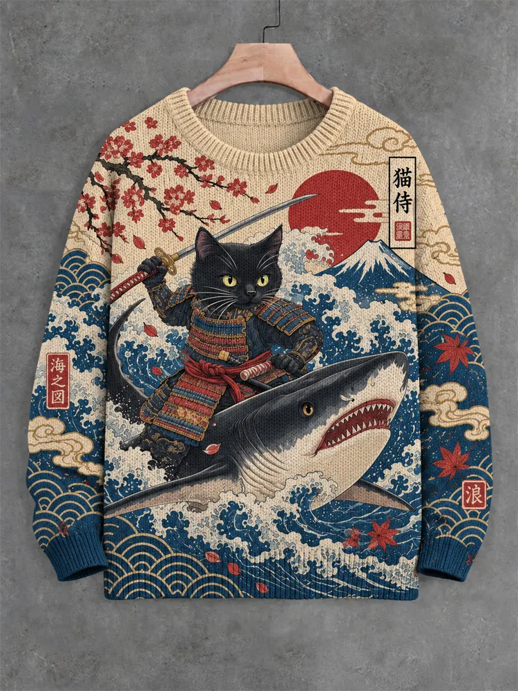 Men's Japanese Art Cat Riding Shark Print Shirt