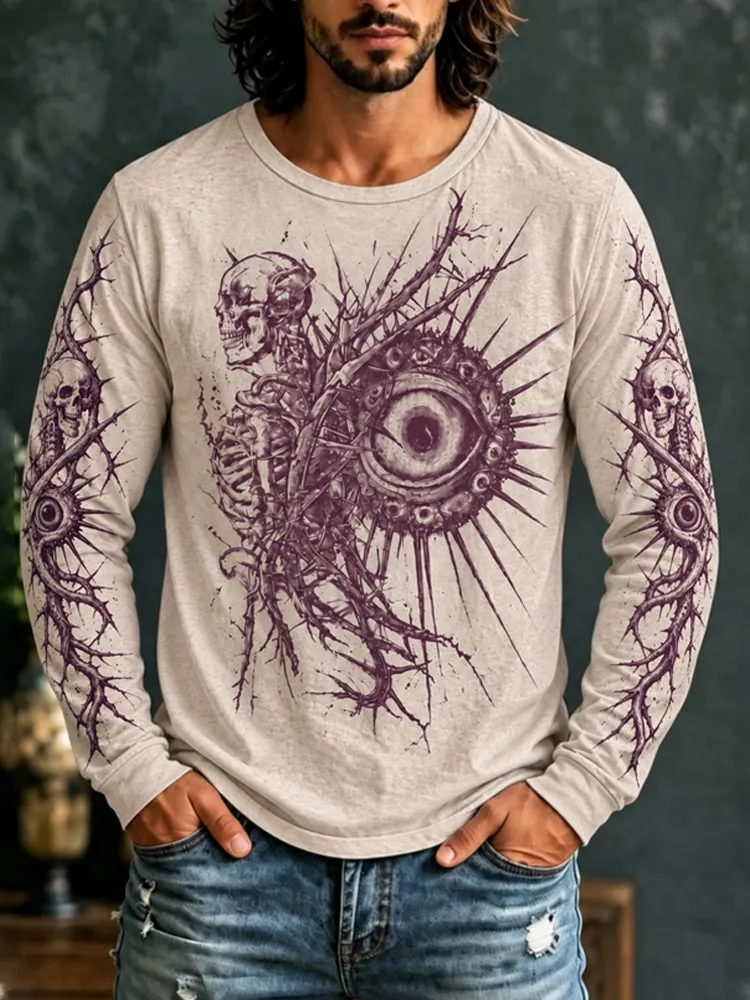 Men's Halloween Gothic Skull Eye Print Long Sleeve T-shirt