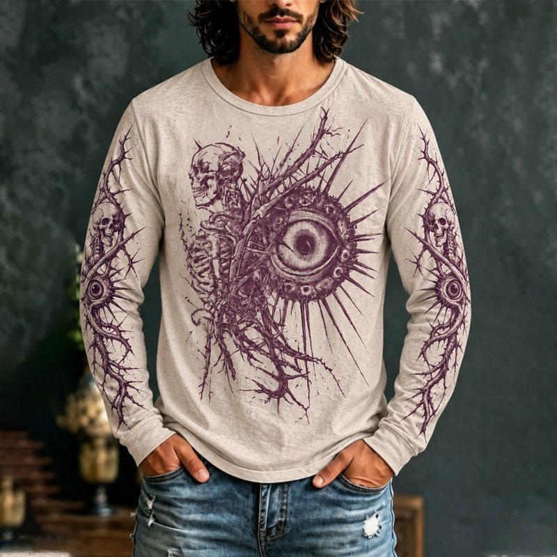 Men's Halloween Gothic Skull Eye Print Long Sleeve T-shirt